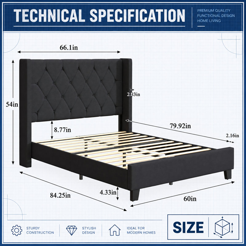 Cadre de lit plateforme Queen Size avec tête de lit capitonnée en velours, lit rembourré avec sommier à lattes en bois robuste
