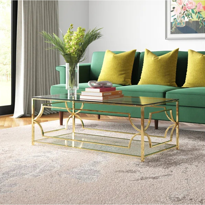 Pangea Home 2-Tiered Mirrored Benson Edward 4 Legs Coffee Table with Storage - Modern Rectangle 47" Coffee Table – Tempered Glass Top - Living Room, Bedroom, Office - Gold Glass Coffee Table