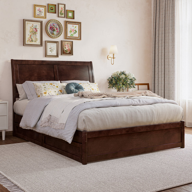 Lamayia Solid Wood Sleigh Platform Bed with Footboard and Storage Drawers, Full, Walnut