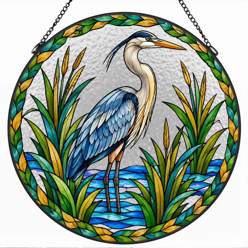 «Blue Heron», art mural sur toile en forme de couronne de vitrail circulaire et roseaux de marais, H 7,8 po
