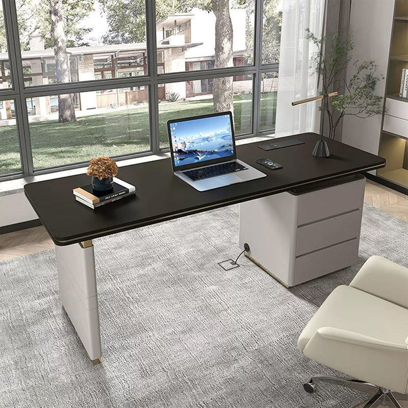 Bureau rectangulaire en bois manufacturé noir avec 3 tiroirs, H 29,53 po x l 86,61 po x P 31,5 po