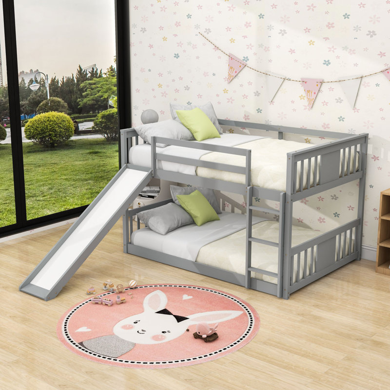 Full Over Full Wooden Standard Bunk Bed with Slide, Gray