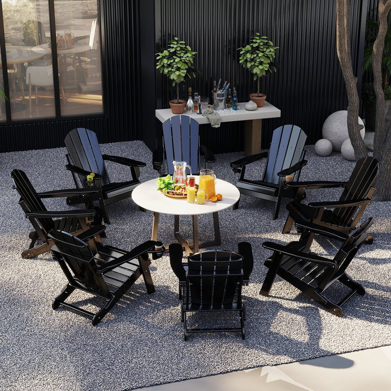 Ensemble de 8 chaises Adirondack d'extérieur pliables avec porte-gobelet, Noir
