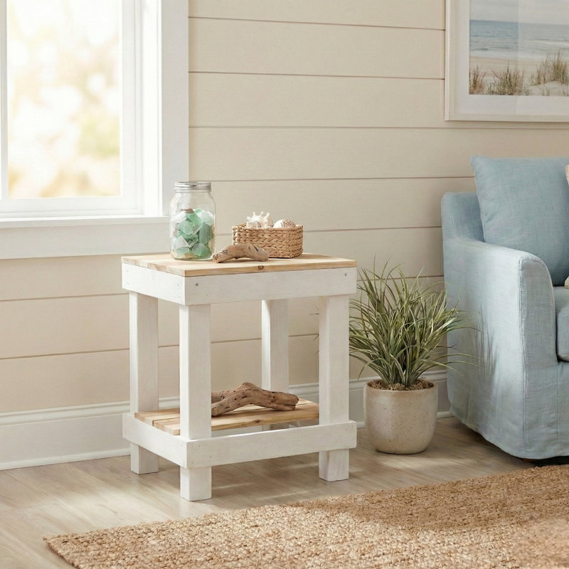 Table de bout en bois massif avec rangement Juliana, Naturel / Blanc, H 23 po x l 20 po x P 13,5 po