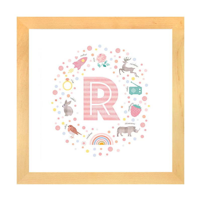 Lettre illustrée R rose - impression, Papier avec cadre beige, Blanc, H 16 po x l 16 po x p 1 po