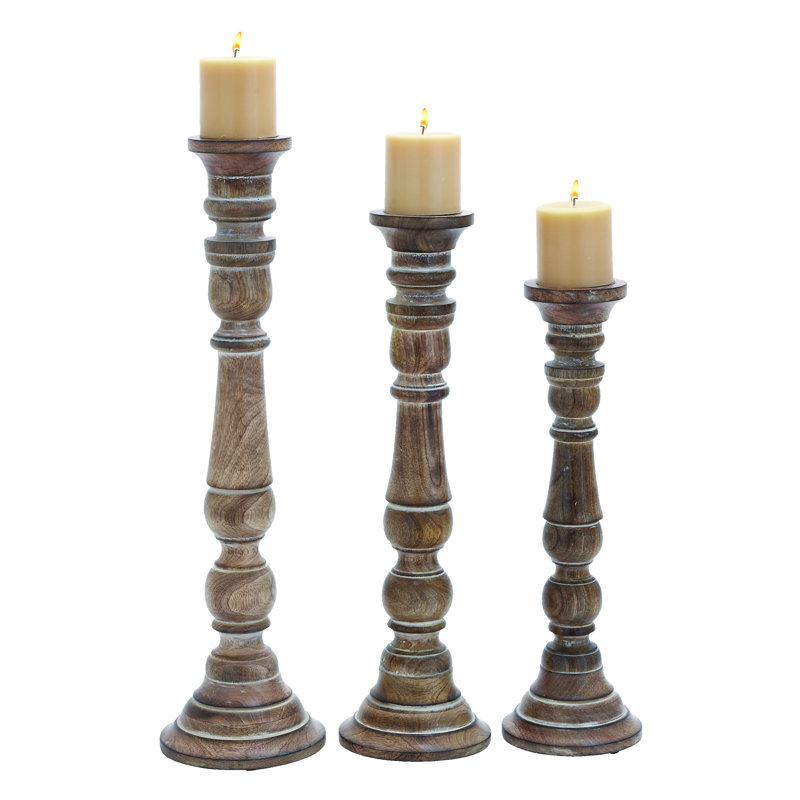 Rustic Brown Mango Wood Pillar Candle Holders, Set of 3