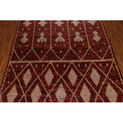 Tapis rouge / beige en laine noué à la main de conception unique 9 pi 10 po x 13 pi 10 po New Age