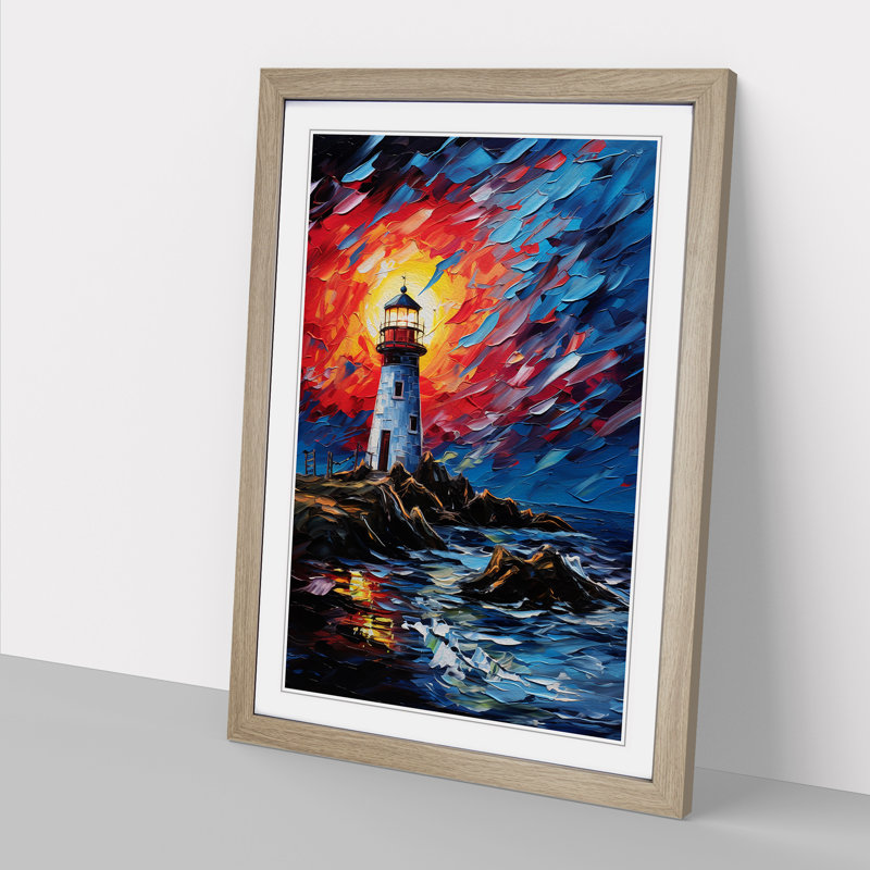 Lighthouse Expressionism No.3 - Single Picture Frame Print on Wood, 34cm H x 25cm W x 2cm D, Oak