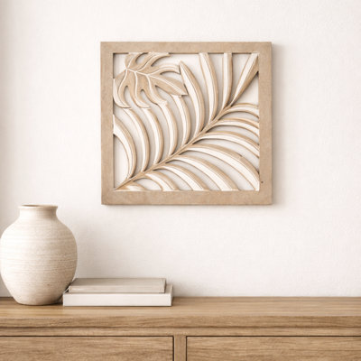 Hand-Carved Palm Leaf Wood Wall Panel, 12" x 12" – Whitewashed Tropical Coastal Cutout Decor for Entryway, Bathroom, or Office