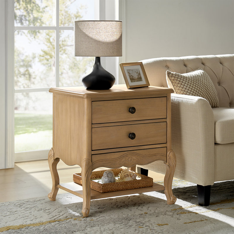 Evars 24” W Traditional 3-Drawer End Table With Hidden Drawer and Charging Station, Natural