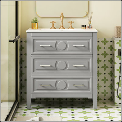 30'' Bathroom Vanity With Ceramic Sink, Solid Wood Frame, 3 Drawers, Elegant Gray Finish For Modern And Retro Bathrooms