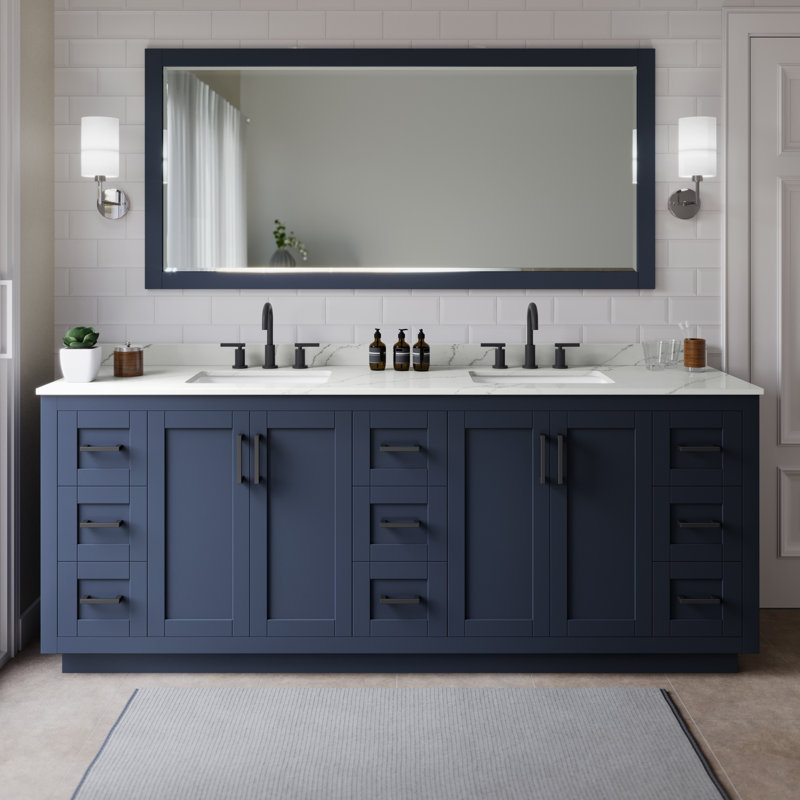 Miranda 84" Freestanding Double Bathroom Vanity with Quartz Top, Dark Blue, Giotto Quartz, Matte Black