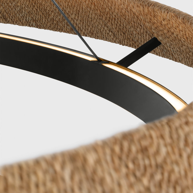 Sean Lavin Noa Large LED Ring Chandelier in Bronze with Washed Black Sea Grass shade, 142" H x 50.5" W x 50.5" D, Oak, Bronze