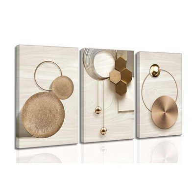 3 Pcs Abstract Geometric Boho Canvas Wall Art Mid Century Modern Minimalist Aesthetic Luxury Metal Artwork Pictures Wall Decor Posters Prints For Living Room Bedroom Office Home Decoration