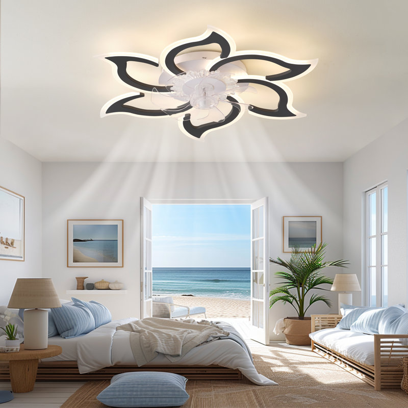 Ventilateur de plafond moderne à 7 pales 33 "avec lumières DEL et télécommande Maycey, Noir, noir, noir, noir