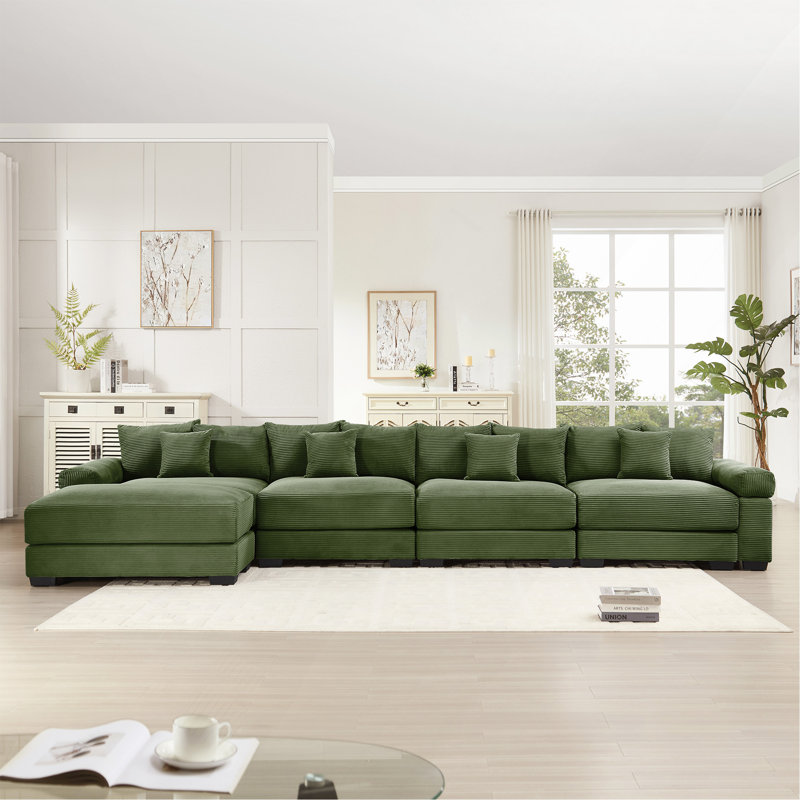 Canapé d'angle modulaire Cloud surdimensionné de 432 cm (170 po), en velours côtelé doux, pouf inclus, assise profonde, larges accoudoirs, design ergonomique, 12 coussins décoratifs, montage facile, vert