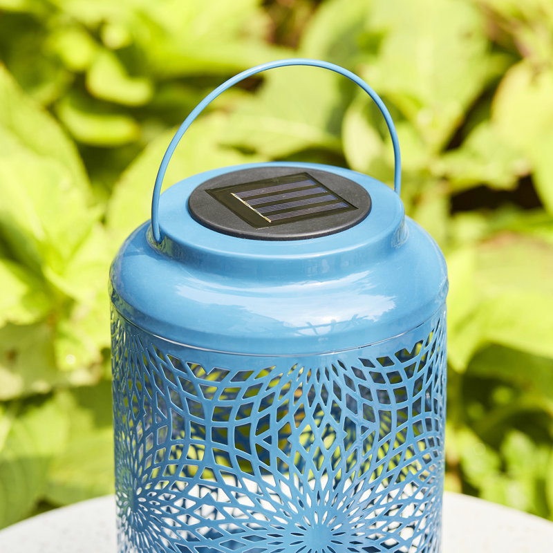 8.75"H Metal Cutout Solar Powered Outdoor Hanging Lantern, Blue