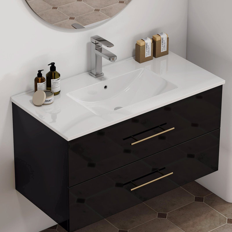 Lavabo de salle de bain en céramique blanche de 91 cm (36 po), compatible avec un meuble-lavabo de 91 cm (36 po), trou de robinet prépercé, design minimaliste moderne, durable et facile à nettoyer