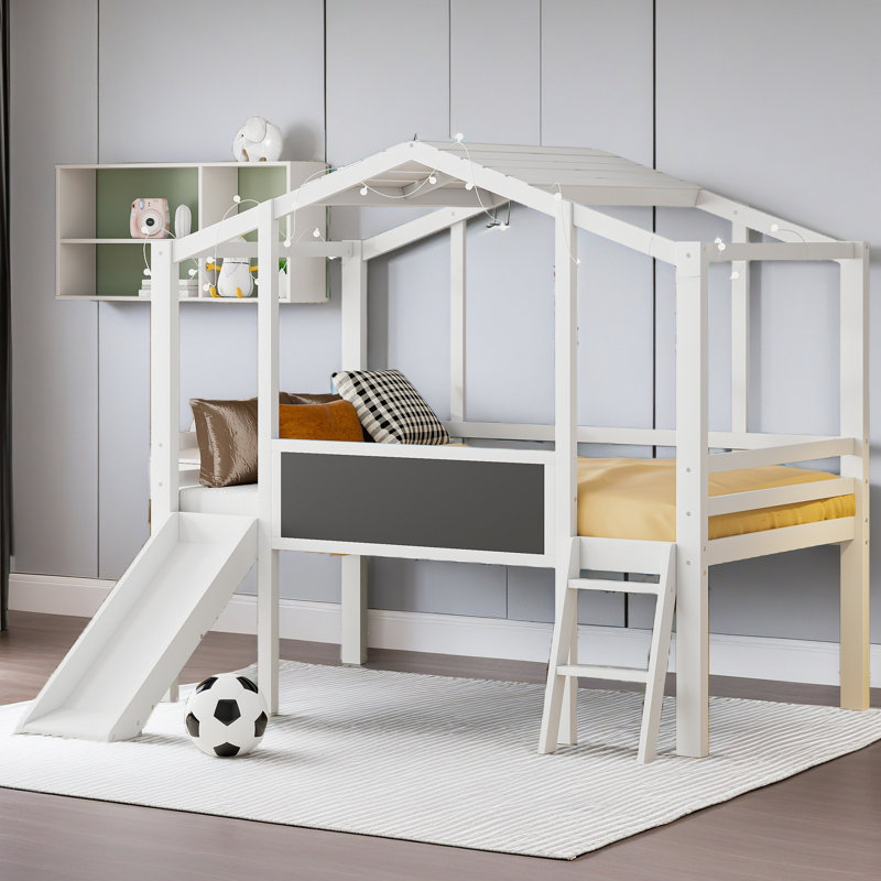 Lit mezzanine simple avec échelle et glissoire, lit maison avec tableau noir et bande lumineuse sur le toit, Blanc