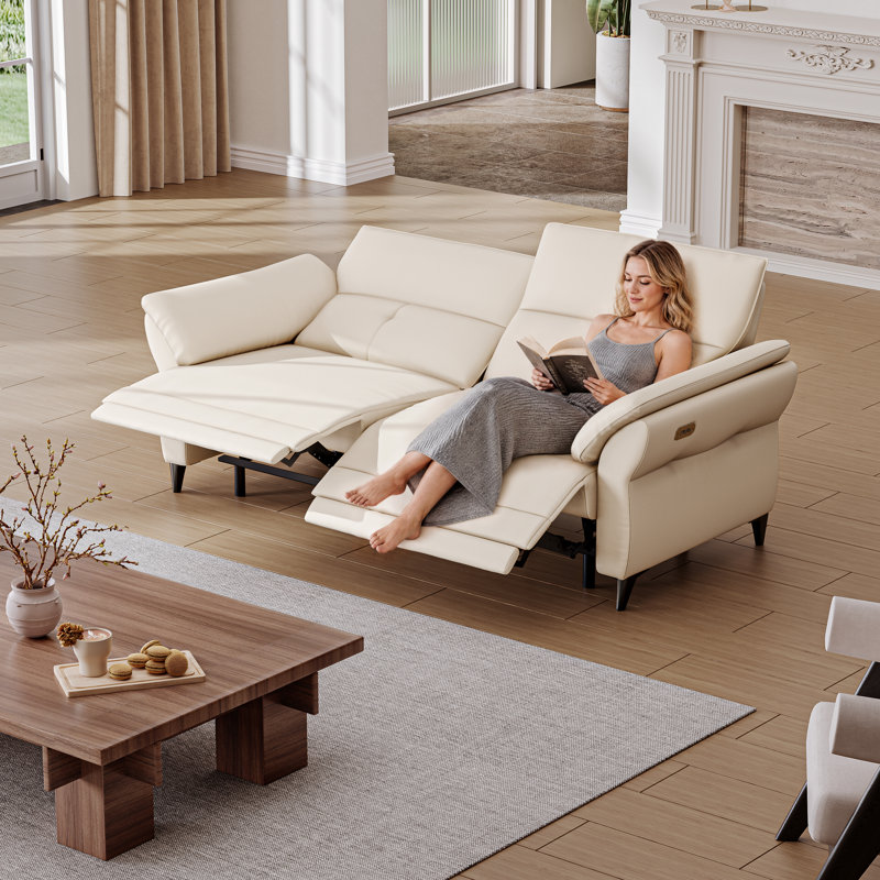 Modern Off White 2 Seat Recliner Sectional Sofa with Dual Motor, Full Grain Leather Power Reclining Couch with Console and USB Ports for Bedroom