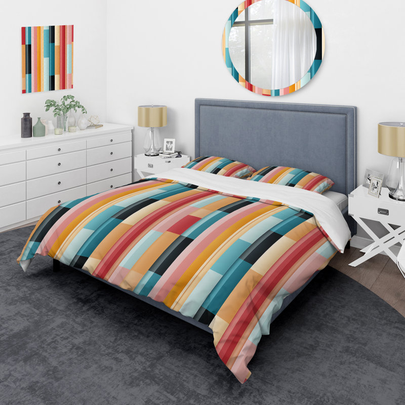 Ensemble de housse de couette rayé bleu et rose Vibrant Serenity, Housse de couette simple + 1 taie décorative stan
