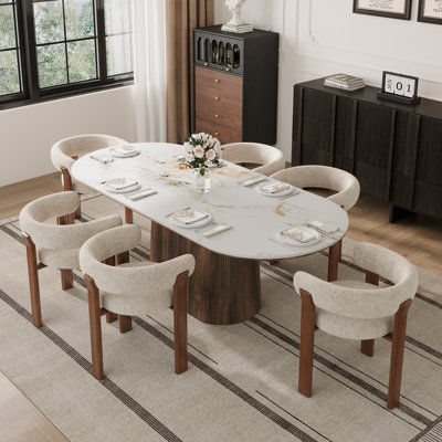 Table de salle à manger ovale Adwin 6 personnes 86,61" en pierre frittée avec pieds et chaises rembourrées Teddy