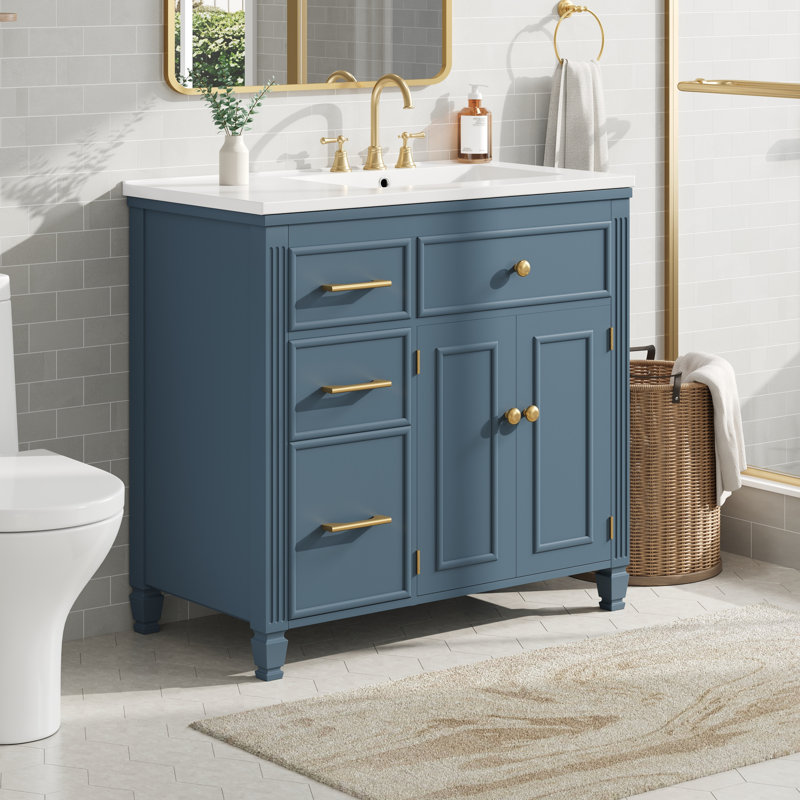 Meuble-lavabo 36 po avec lavabo en céramique, meuble-lavabo avec tiroir coulissant, 3 tiroirs latéraux, tablette réglable