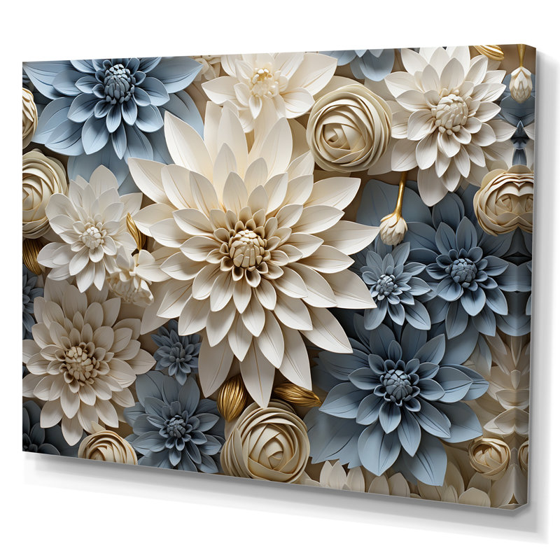 «Simplicity Mums Bloom» en beige et bleu pâle II - Mums, art mural, H 30 po x l 40 po x P 1,5 po, Toile tendue