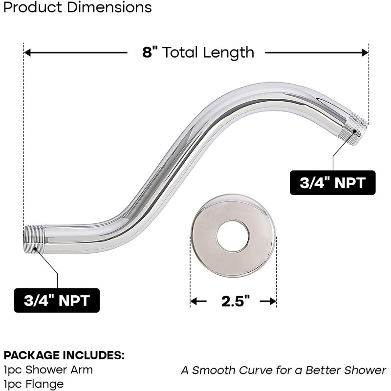 Bras de douche en forme de S avec bride 8 po en acier inoxydable avec connecteur 1/2 po, finition chromée, Chrome