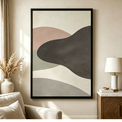 24" x 36" Black Framed Canvas Wall Art Abstract forms: Overlapping organic shapes in muted tones, Minimalist and textured art style. Print on Canvas for Living Room Bedroom