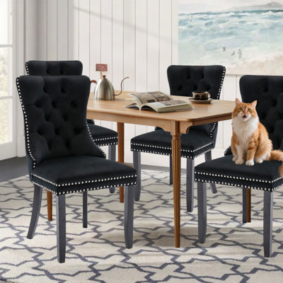 Modern Velvet Wingback Tufted Solid Wood Upholstered Dining Chairs,Black