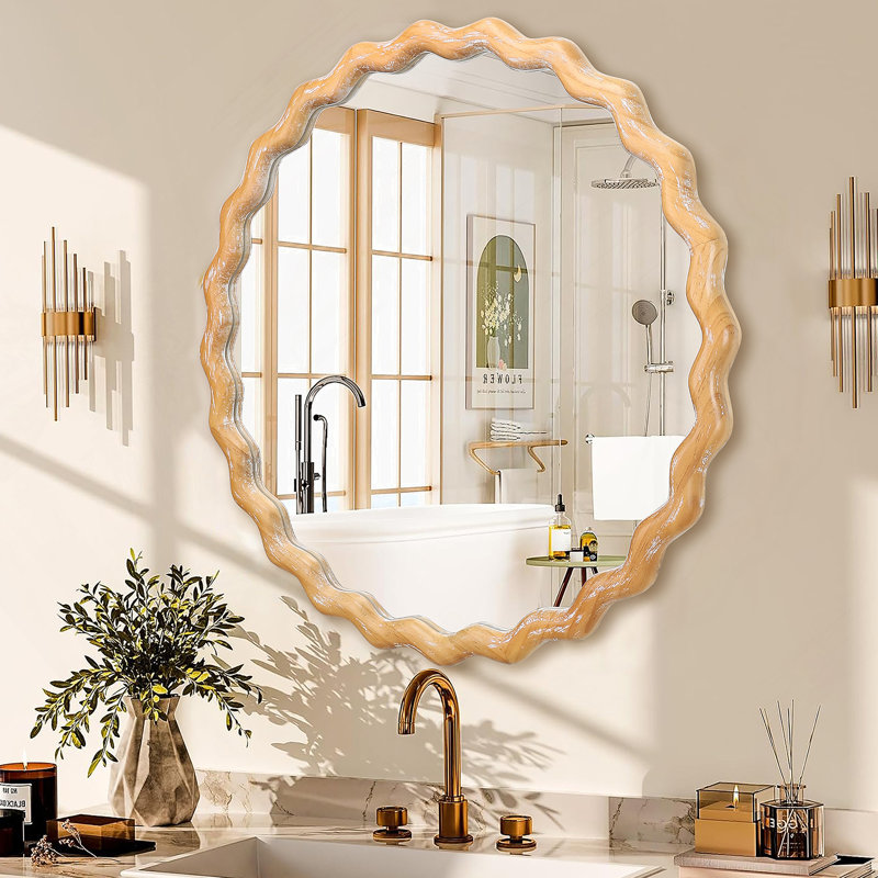 27.5 Inches Round Wavy Wall Mirror For Bathroom Vanity, Wooden Farmhouse Circle Mirrors For Bedroom, Entryway, Living Room, Kithen Whitewash Edge Decorative Mirror For Home, Office