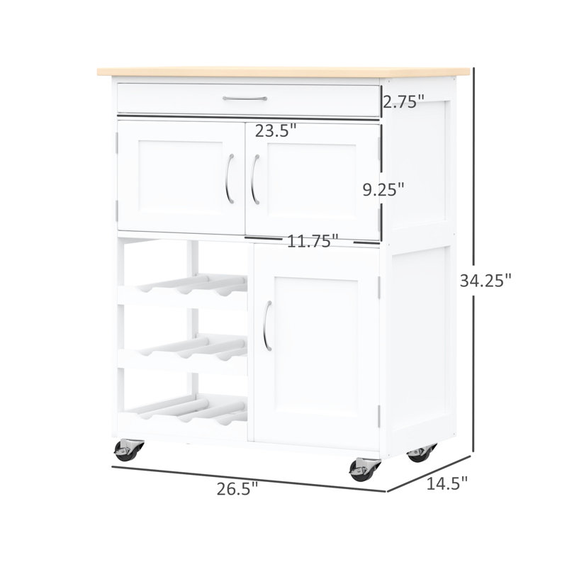 Îlot de cuisine Ferrer avec porte-bouteilles et rangement spacieux - Fonction pratique à roulettes blanches