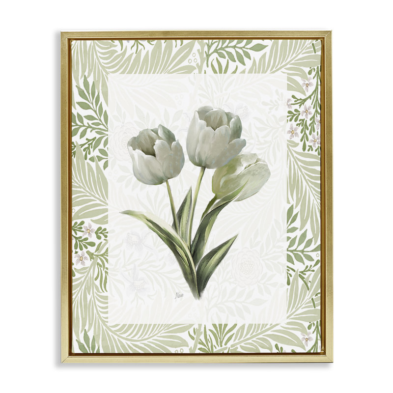 Cadre flottant trio de tulipes vert pâle, design par Nan, H 31 po x l 25 po, Cadre flottant métallique doré