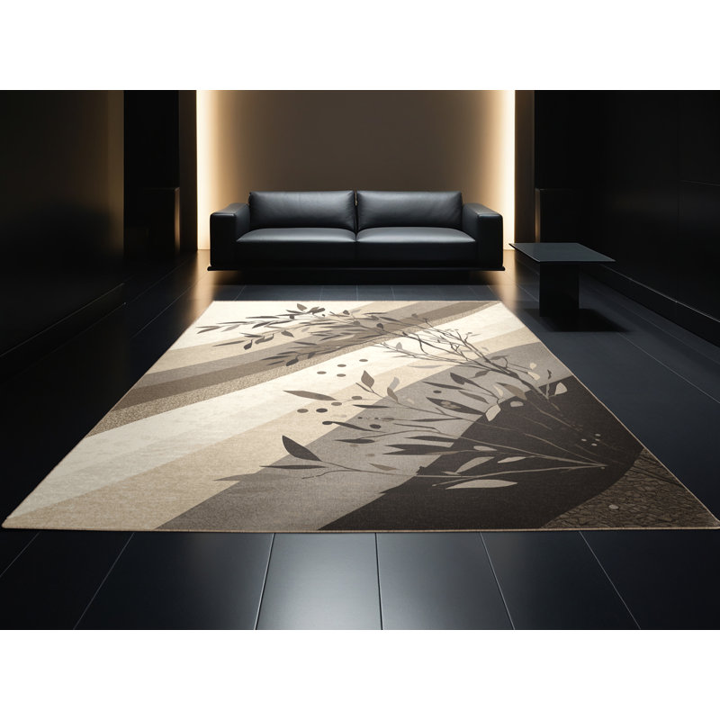 Tapis beige doux et moelleux à motif abstrait bord de mer en olivier Esmont, Rond 5 pi