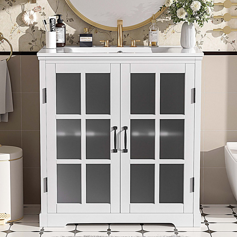 Bathroom Vanity with Ceramic Sink, Bathroom Vanity Cabinet with Tempered Blurred Glass, Equipped with Large Storage Space and Rubber Wood Frame
