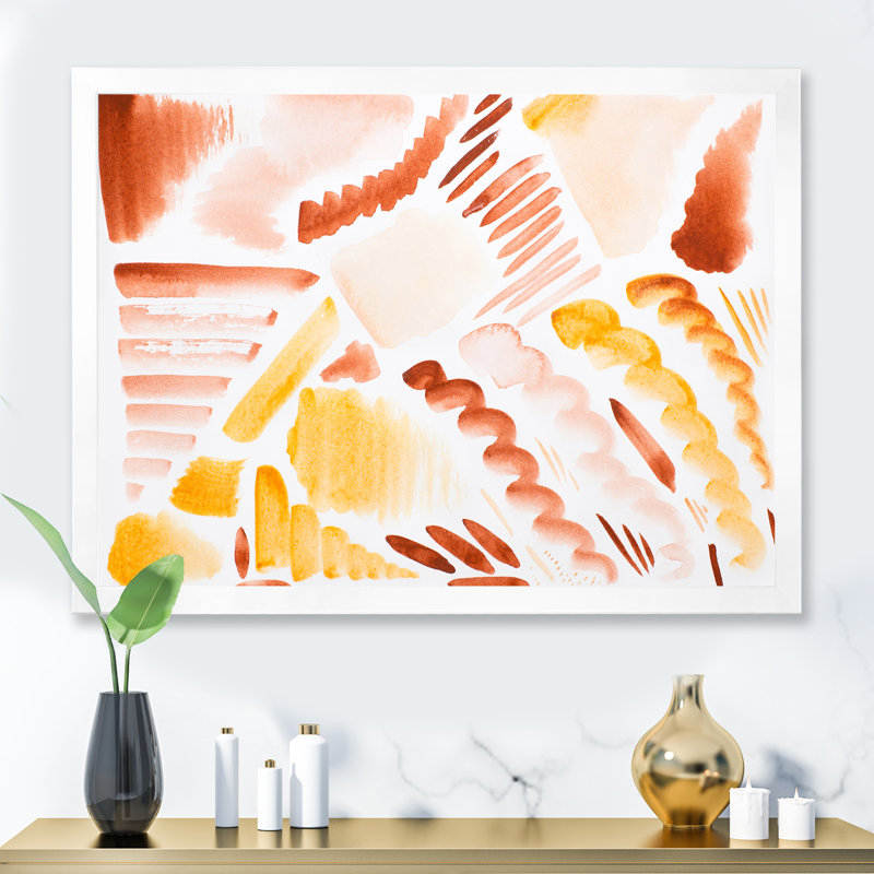 Éléments graphiques rétro en orange et jaune I - peinture sur toile, H 30 po x l 40 po, Cadre photo blanc