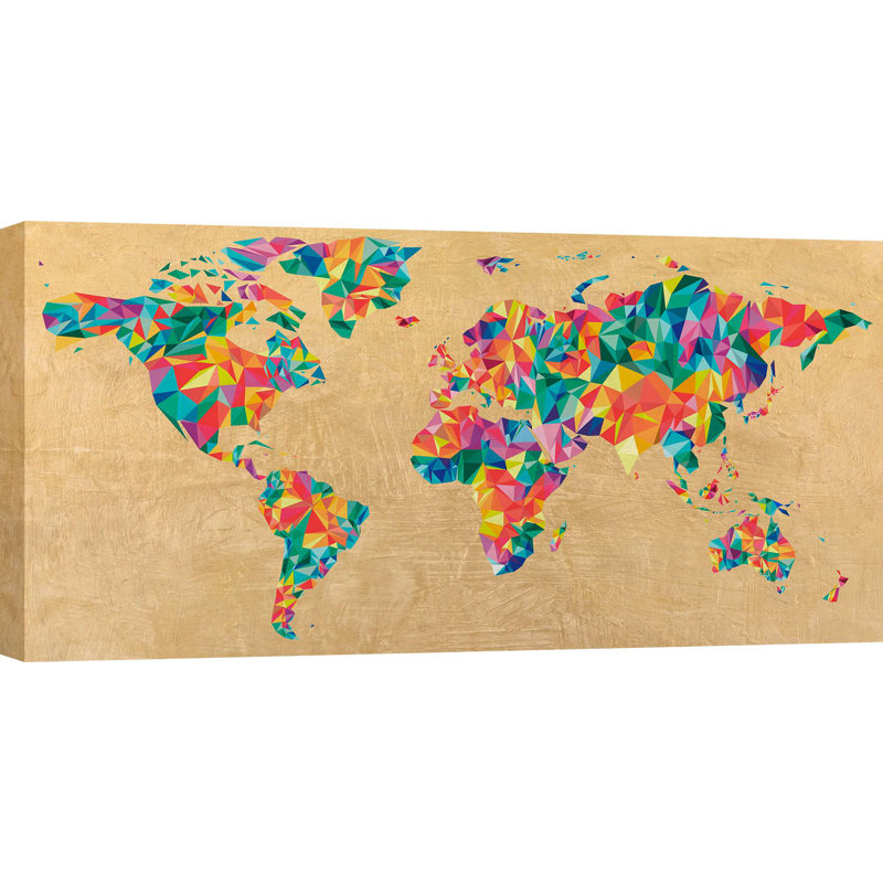 Multicolor World Map (golden) by Joannoo - Wrapped Canvas Print, 50cm H x 100cm W
