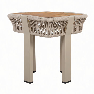 Acacia Wood Side Table, 120 lbs Capacity Outdoor Patio End Table with Beige Rope & Natural Metal Frame, Square Accent Table for Backyard, Balcony, Living Room