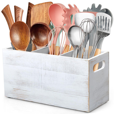 Utensil Holder with Removable Divider,3 Compartment Wooden Utensil Caddy Organizer for Kitchen Counter,Cooking Utensil Crock for Countertop(White)