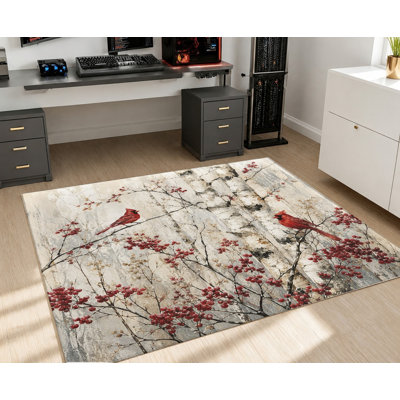 Tapis de Noël lavable à la machine avec envers antidérapant, tapis de sol à motif de branche d'oiseau cardinal aquarelle artistique