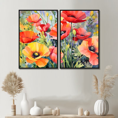 Vibrant Poppies I - art mural 2 panneaux corail