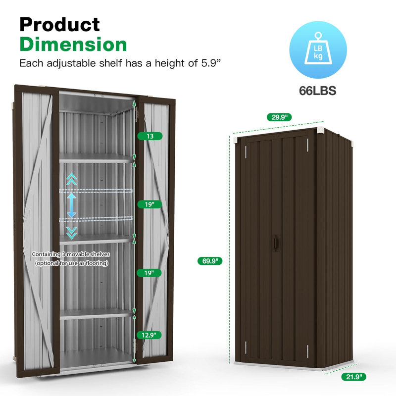 Armoire de rangement extérieure imperméable avec tablettes, Brun