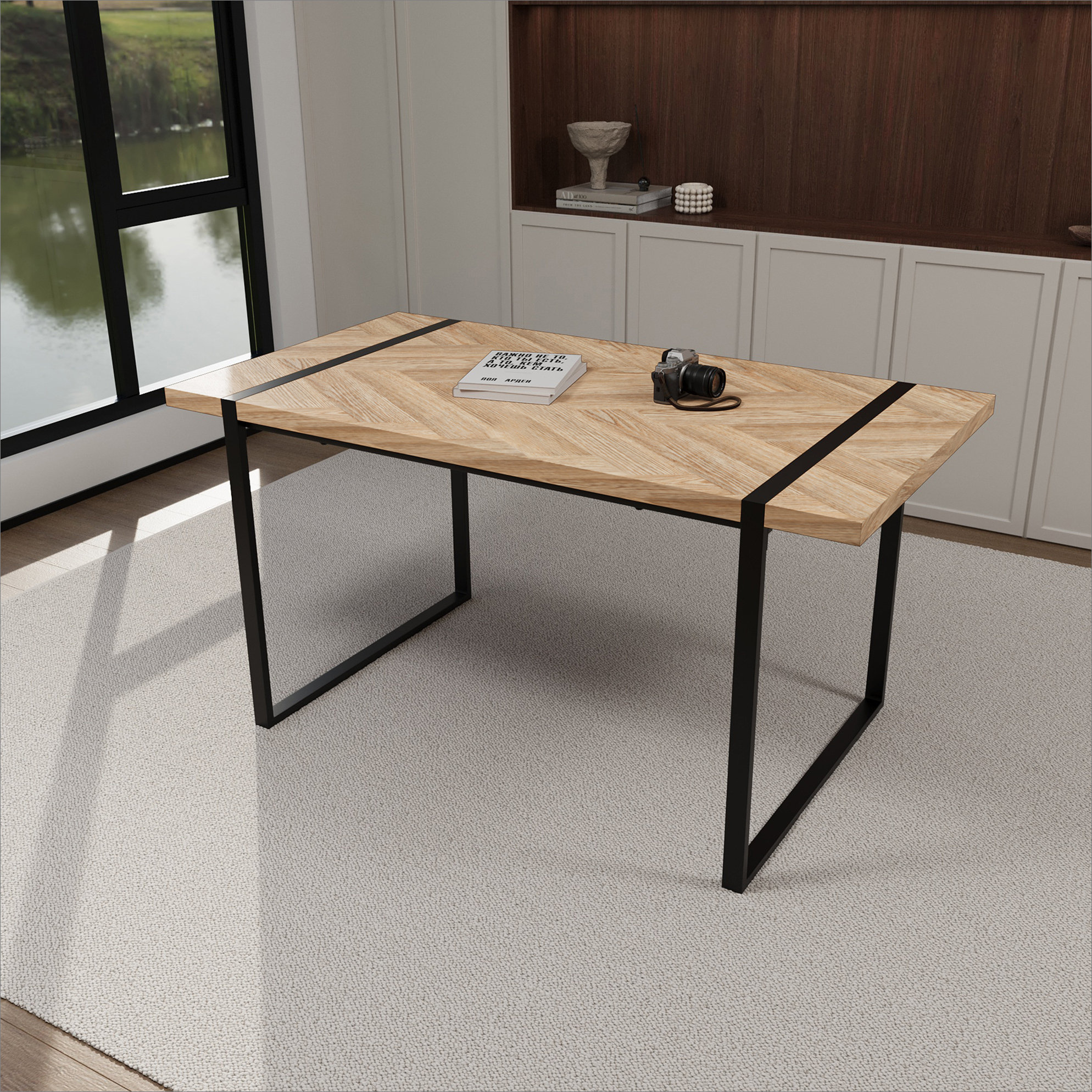 Union Rustic Modern minimalist MDF wood color desktop, black metal legs ...