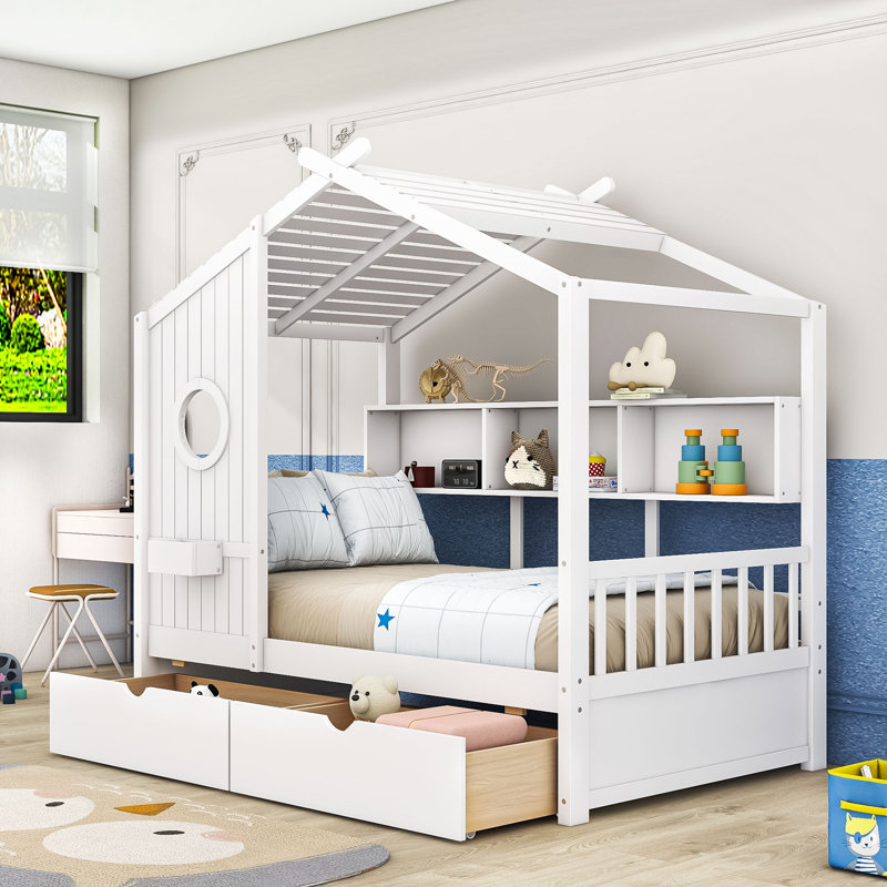 Wooden House Bed With Roof Design, Built-In Storage Shelves And Drawers, White, Twin
