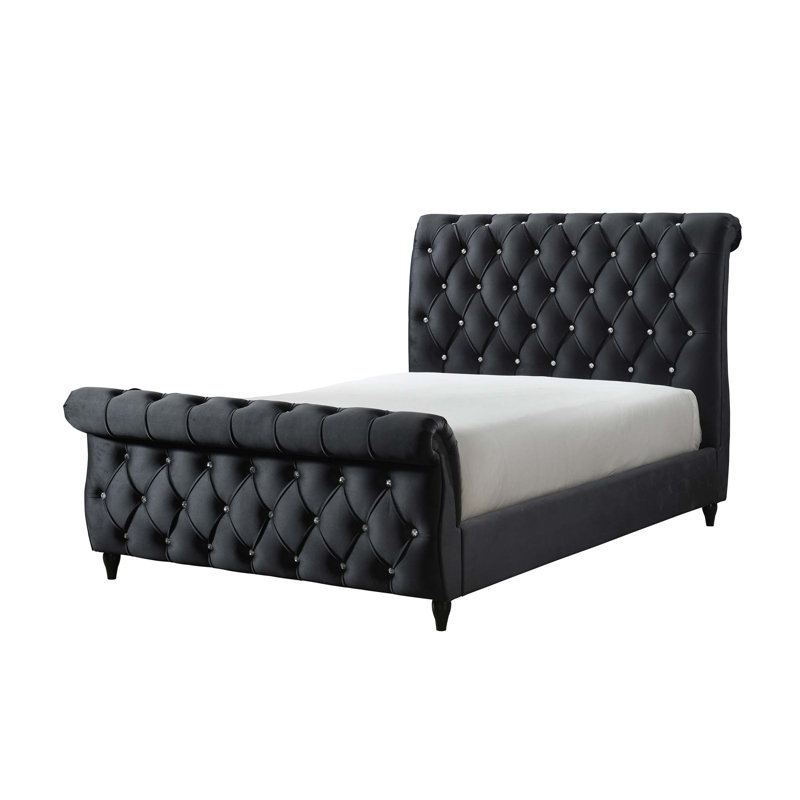 Exquisite Queen Panel Bed with Deep Button Tufts and Diamond-stitched Pattern, Featuring Curve Headboard and Footboard for Bedroom Luxury