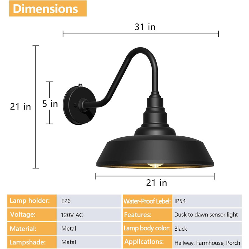 Luminaire de grange d'extérieur, H 21 po x l 21 po x P 31 po