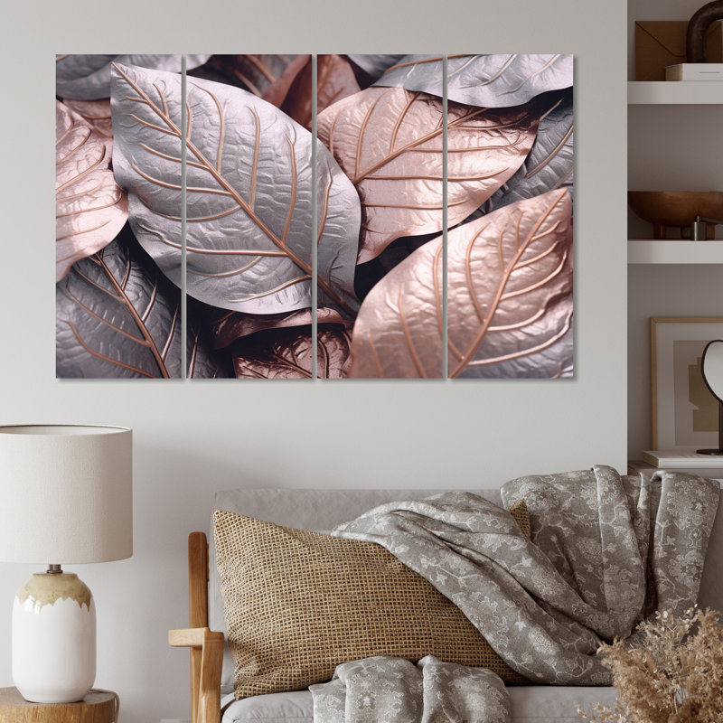 Gold Pink Leafs Harmony I Plants & Flowers Wall Decor on Metal
