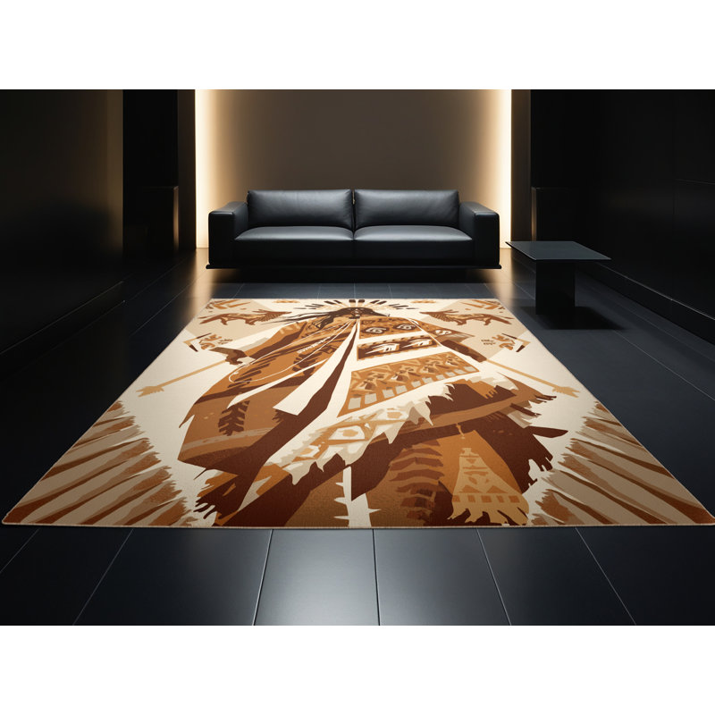 Soft Plush Dupree Two Spirit Warrior Bohemian Block Print Area Rug in Beige – Beige Binding, 2x4