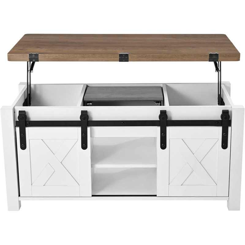 Lift-Top Coffee Table, Rustic Centre Table With Barn Door & Hidden Storage, Modern Rectangle Design – Brown